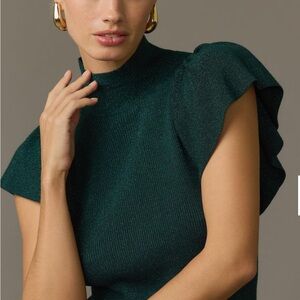 Maeve by Anthropologie Chic Green Ruffle Sleeve Top Size L